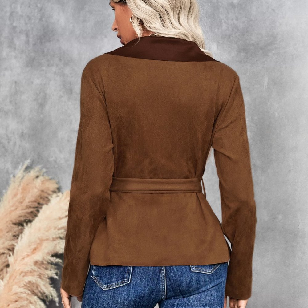 New Waterfall Collar Belted Jacket Brown - Picture 5 of 6